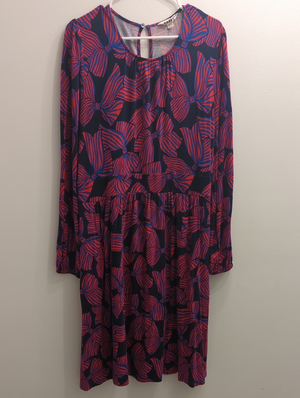 Boden Women's Navy Dress with Red and Blue Bow Pattern, US 16/18R